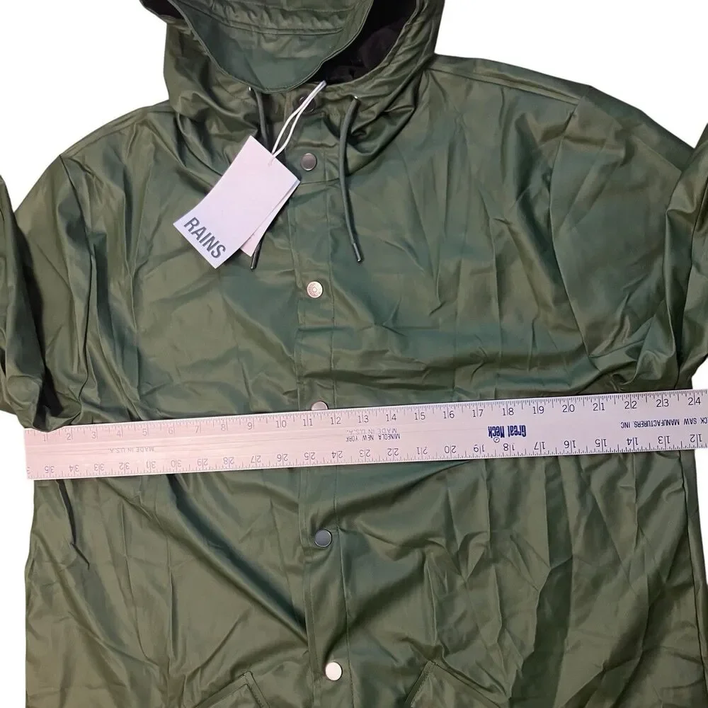 Rains Jacket Men’s XL Green Waterproof‎ Hooded Raincoat Snap Button Travel City